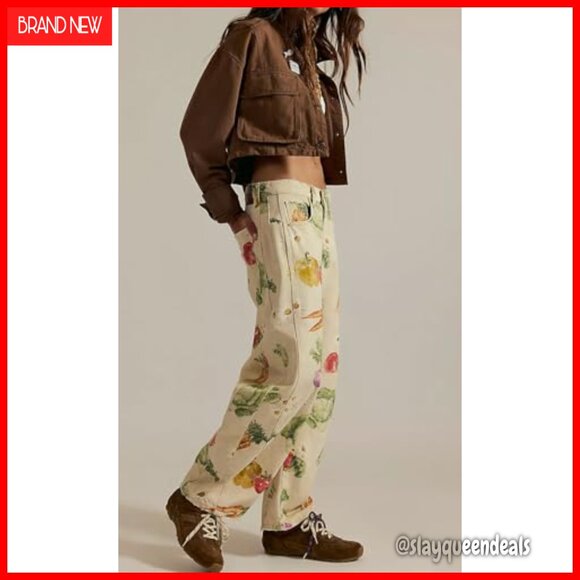 Wide Leg Barrel Jeans Mid Rise Floral Print Denim Sweatpants Y2K - Picture 3 of 7